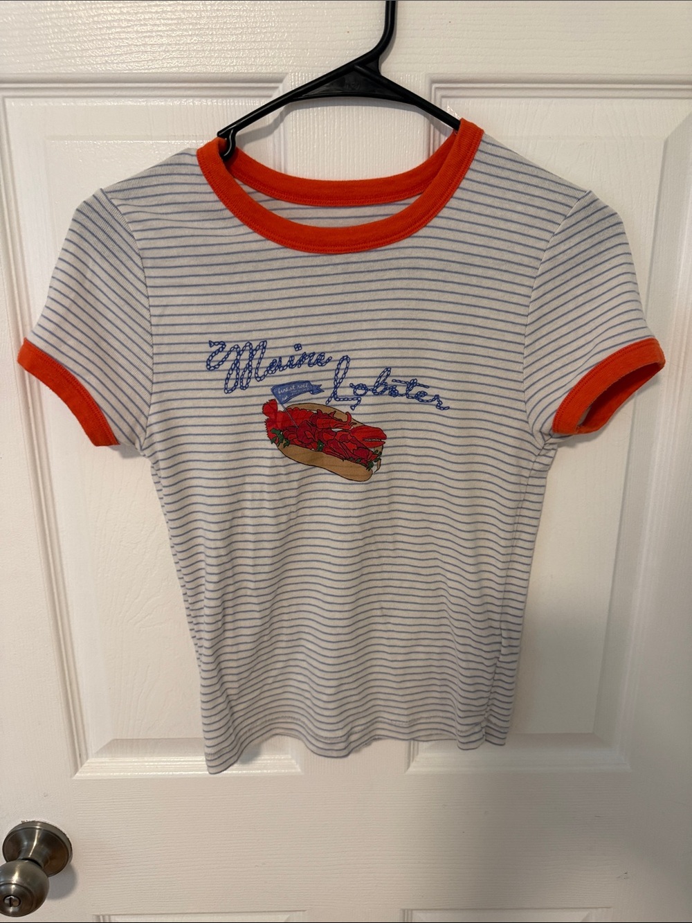 BDG Striped White & Blue Ringer Tee with Orange Trim Maine lobster